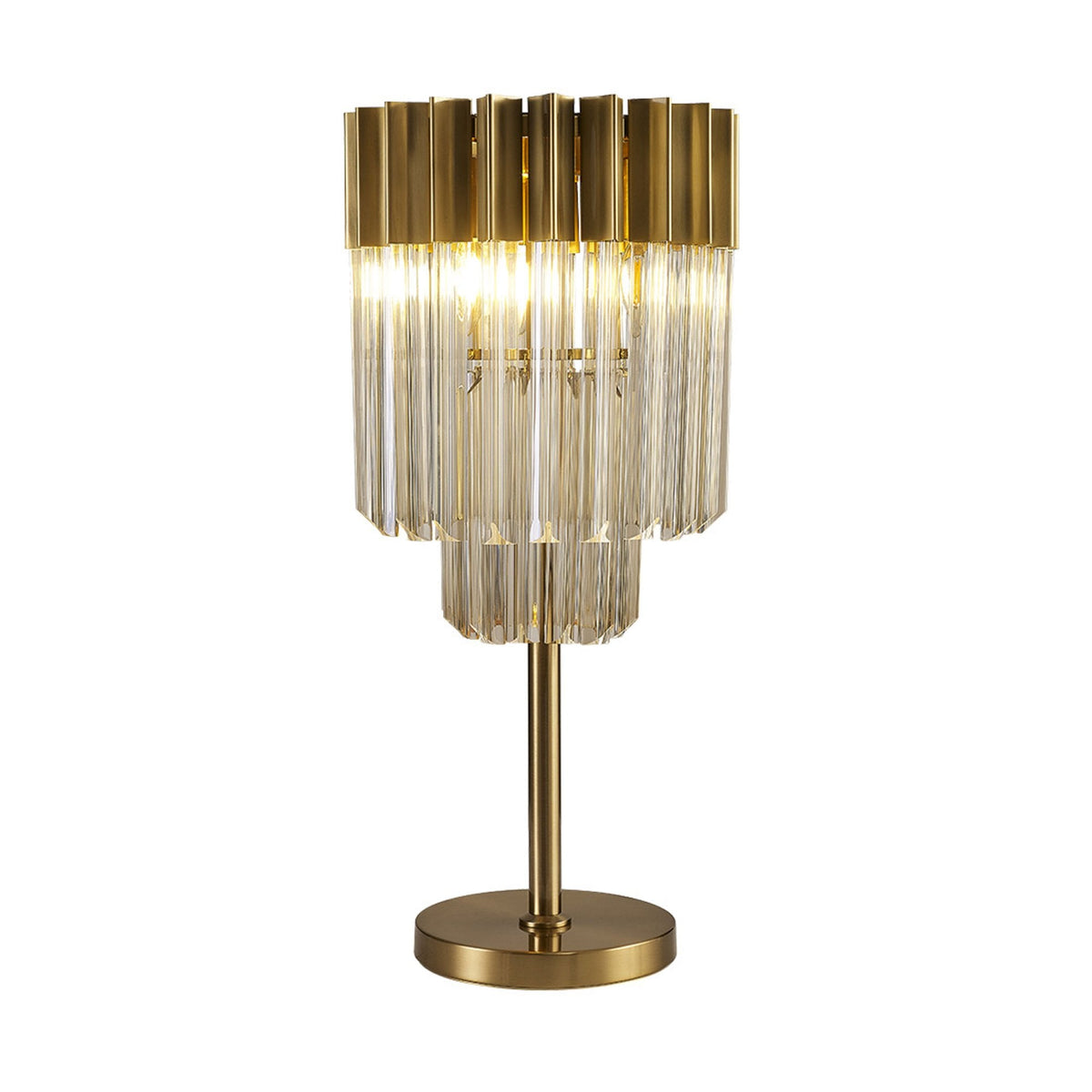 A modern brass table lamp with two tiers of clear glass rods, illuminated from within.