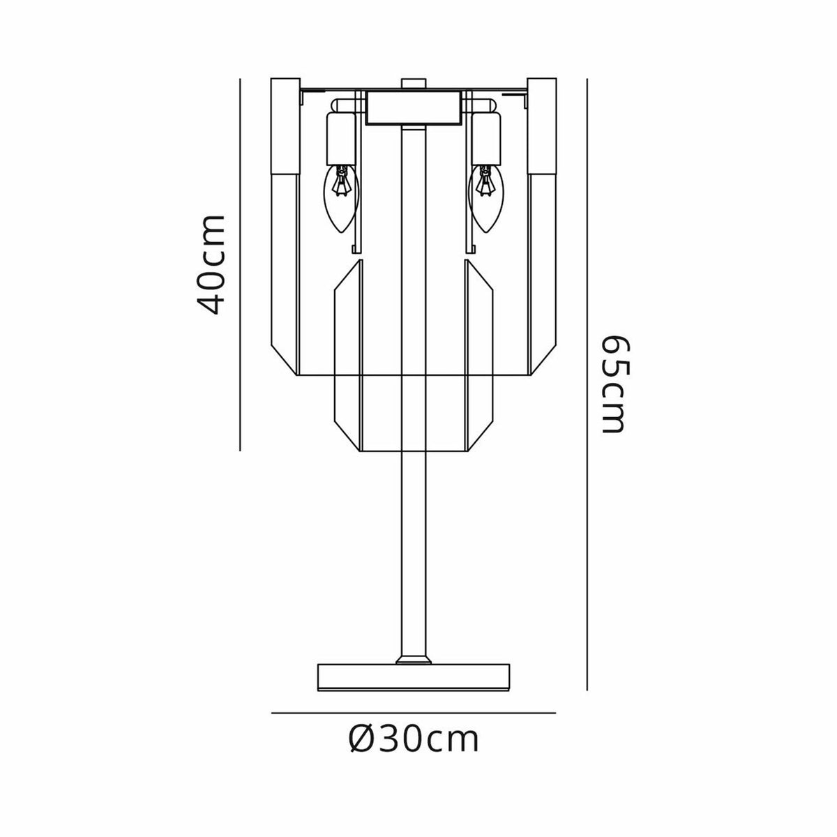 A technical drawing of the lamp, showing its dimensions: 65cm height, 30cm diameter.
