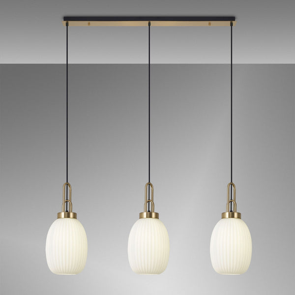 Atherington Almond 3 Drop Linear Pendant in Brass Gold & Opal Ribbed Shade
