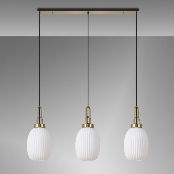 Atherington Almond 3 Drop Linear Pendant in Brass Gold & Opal Ribbed Shade