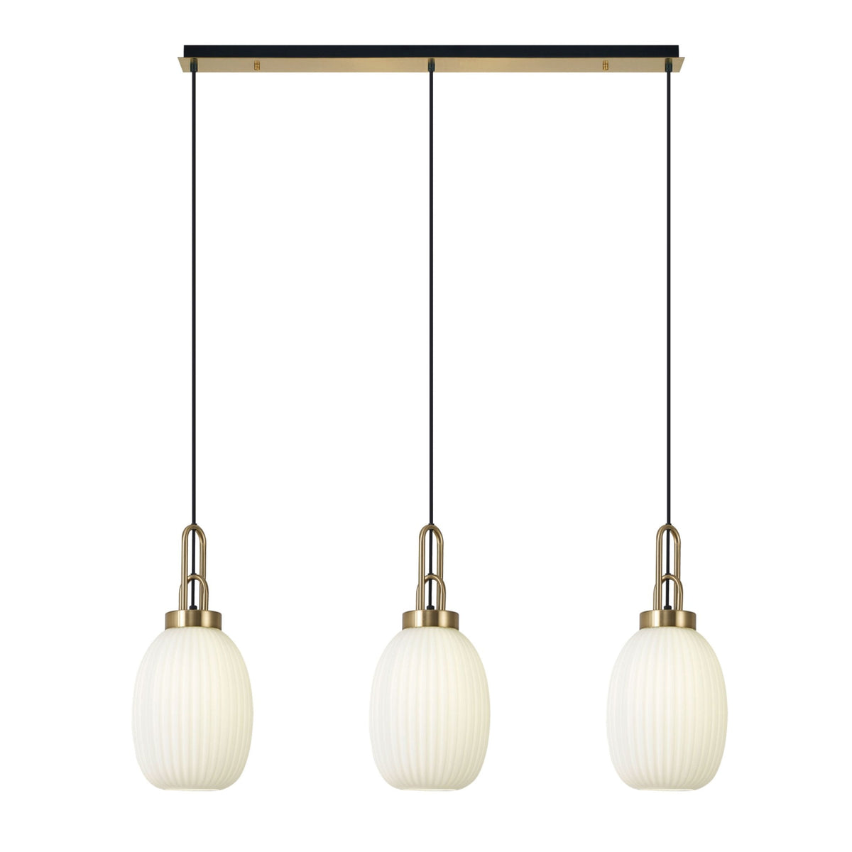 Atherington Almond 3 Drop Linear Pendant in Brass Gold & Opal Ribbed Shade