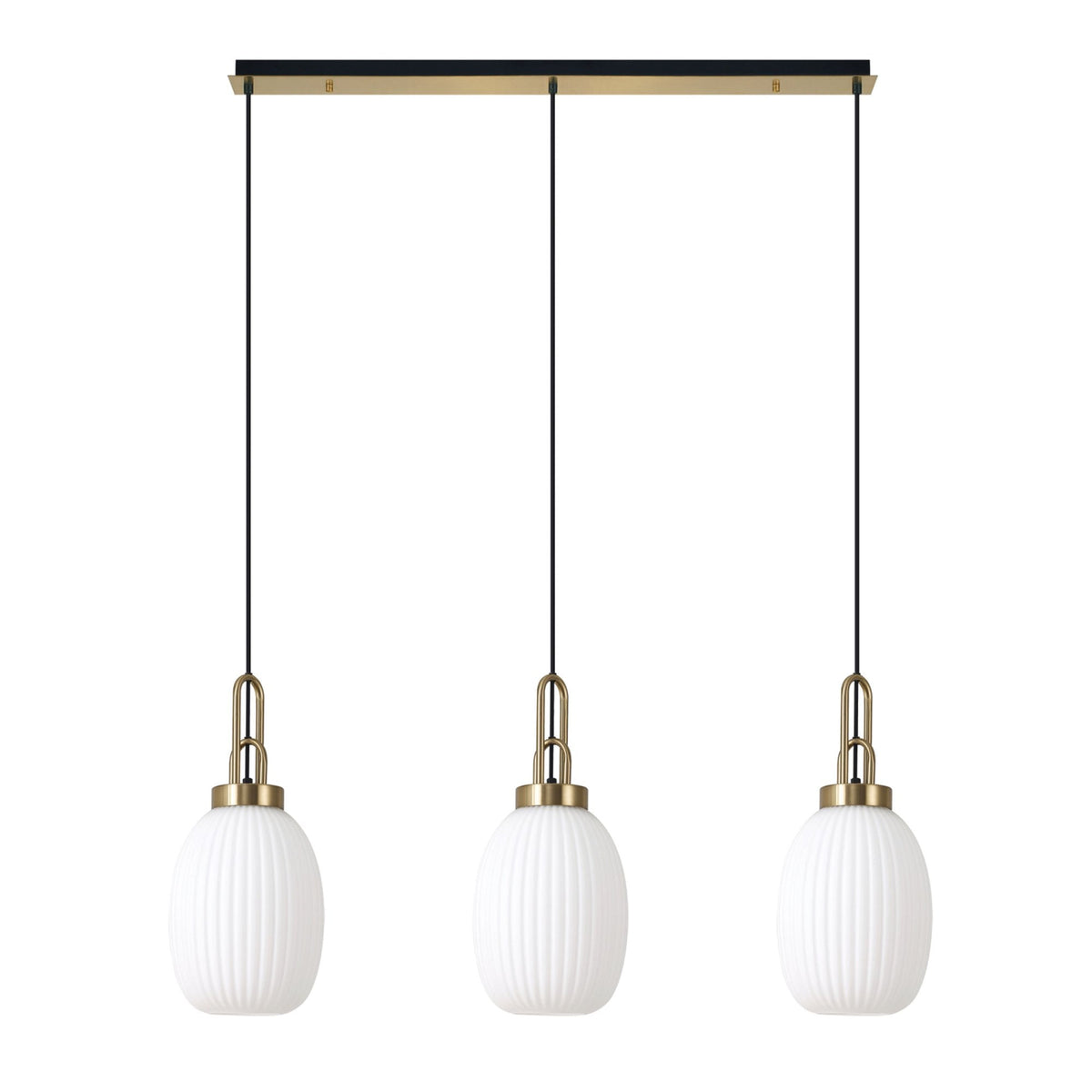 Atherington Almond 3 Drop Linear Pendant in Brass Gold & Opal Ribbed Shade