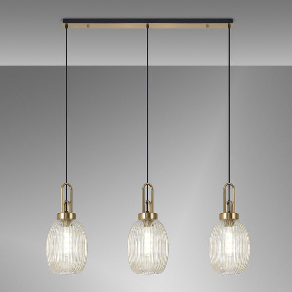 Atherington Almond 3 Drop Linear Pendant in Brass Gold & Champagne Ribbed Shade