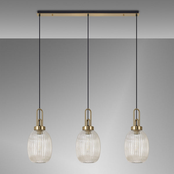 Atherington Almond 3 Drop Linear Pendant in Brass Gold & Champagne Ribbed Shade