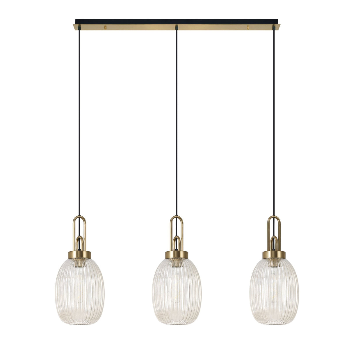 Atherington Almond 3 Drop Linear Pendant in Brass Gold & Champagne Ribbed Shade