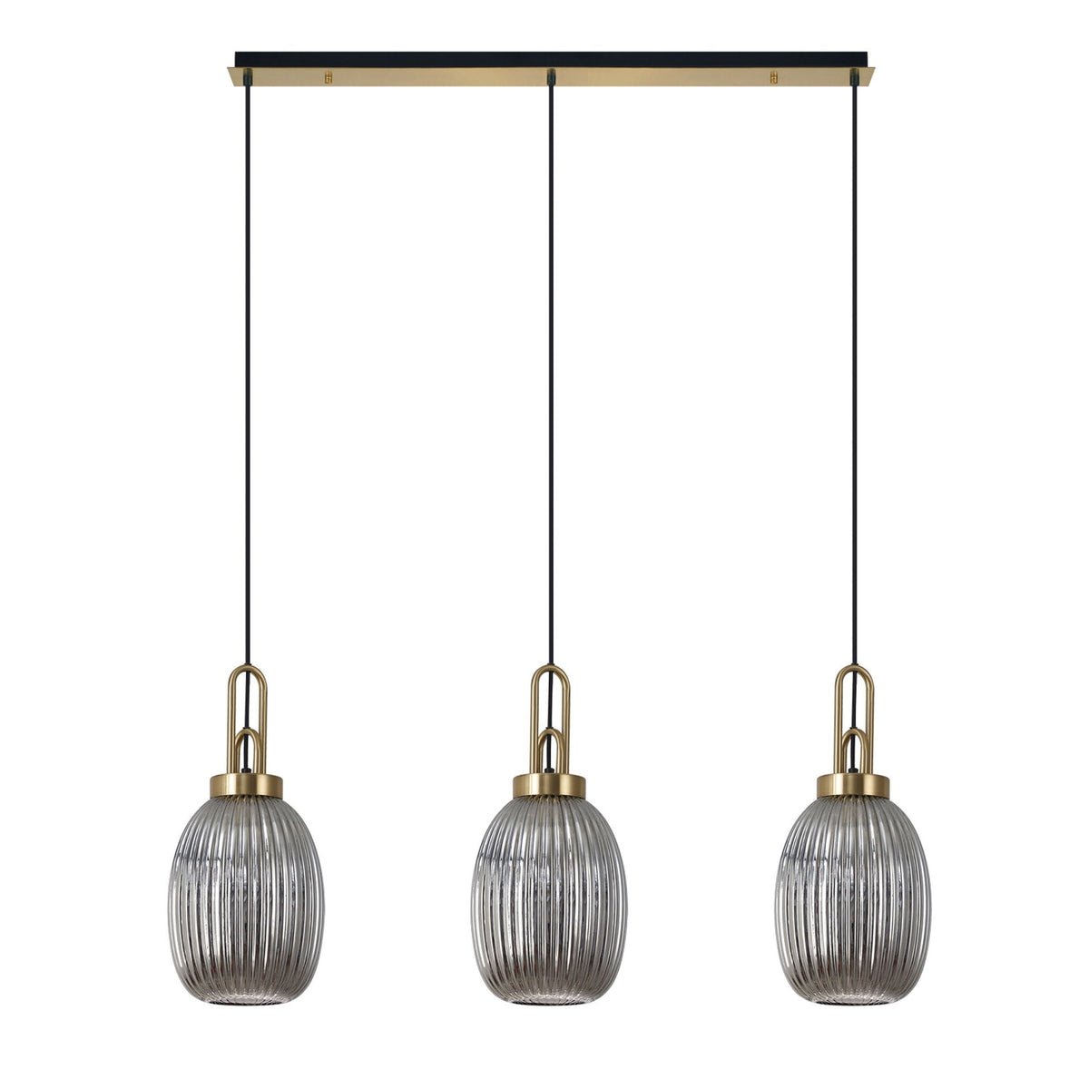 Atherington Almond 3 Drop Linear Pendant in Brass Gold & Smoked Ribbed Shade