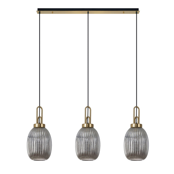 Atherington Almond 3 Drop Linear Pendant in Brass Gold & Smoked Ribbed Shade