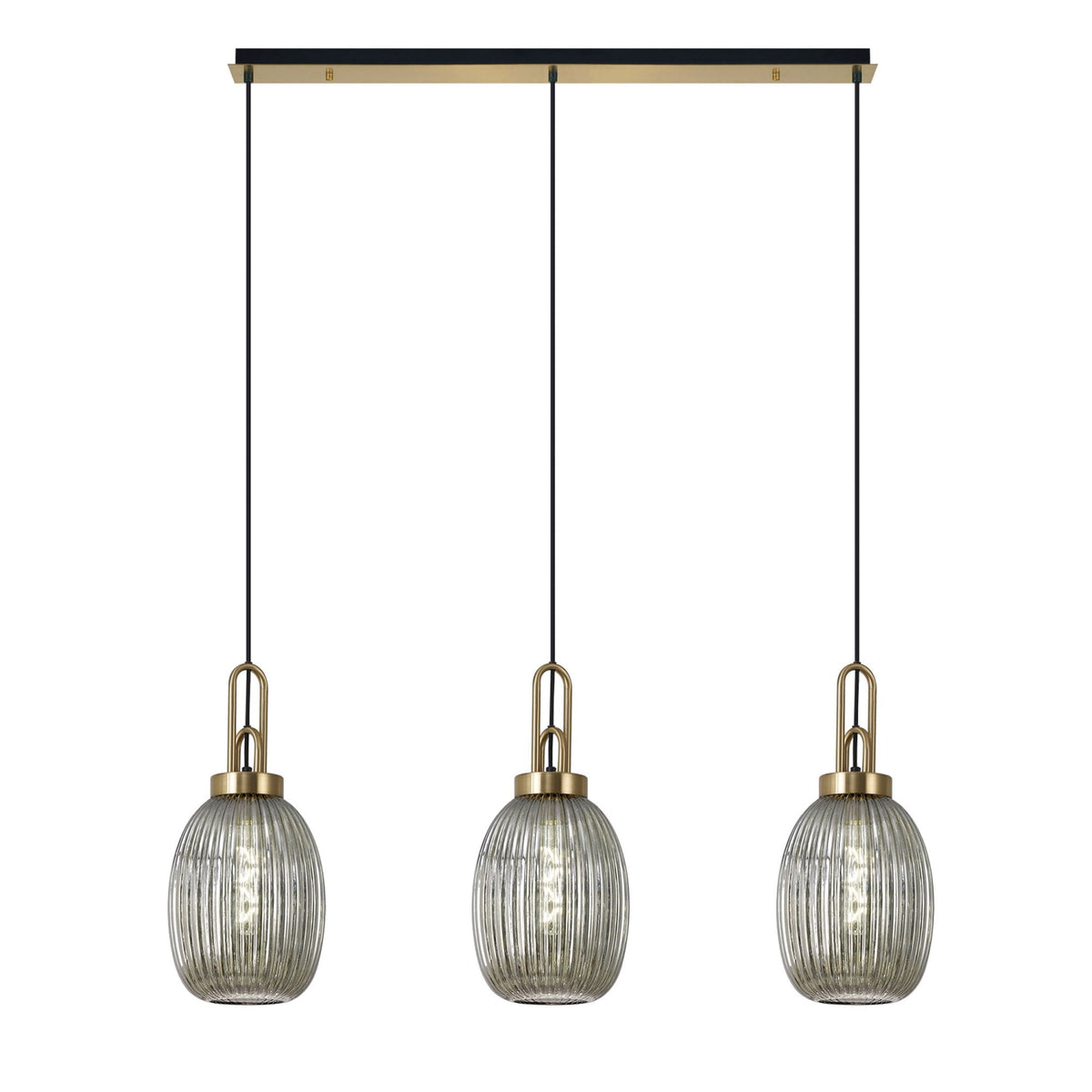 Atherington Almond 3 Drop Linear Pendant in Brass Gold & Smoked Ribbed Shade