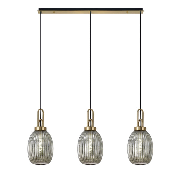 Atherington Almond 3 Drop Linear Pendant in Brass Gold & Smoked Ribbed Shade