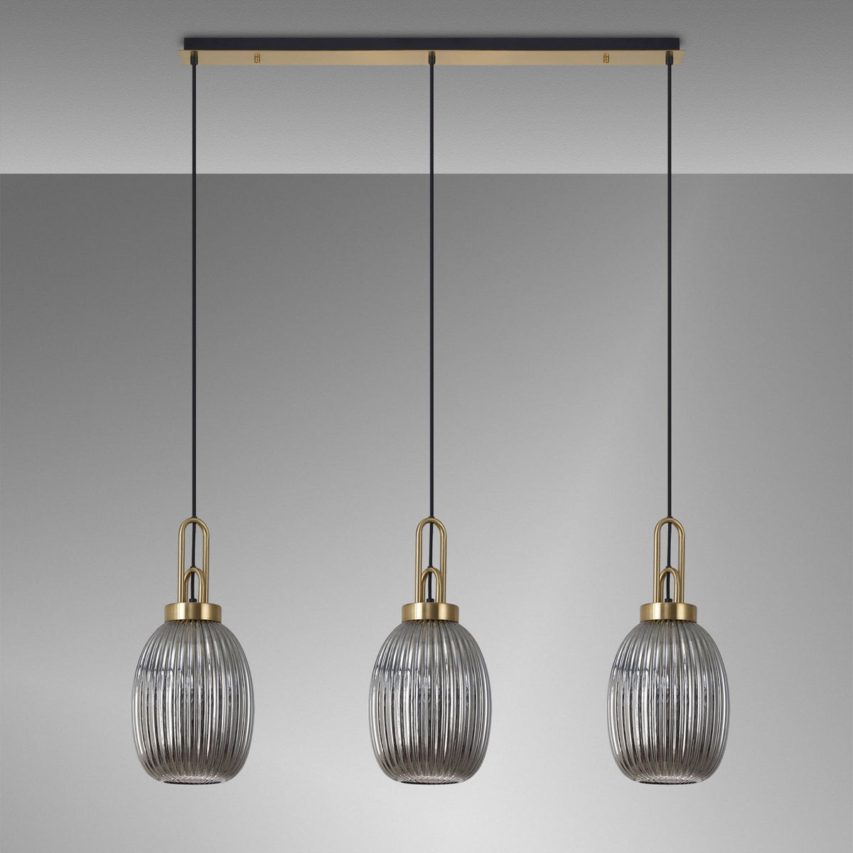 Atherington Almond 3 Drop Linear Pendant in Brass Gold & Smoked Ribbed Shade