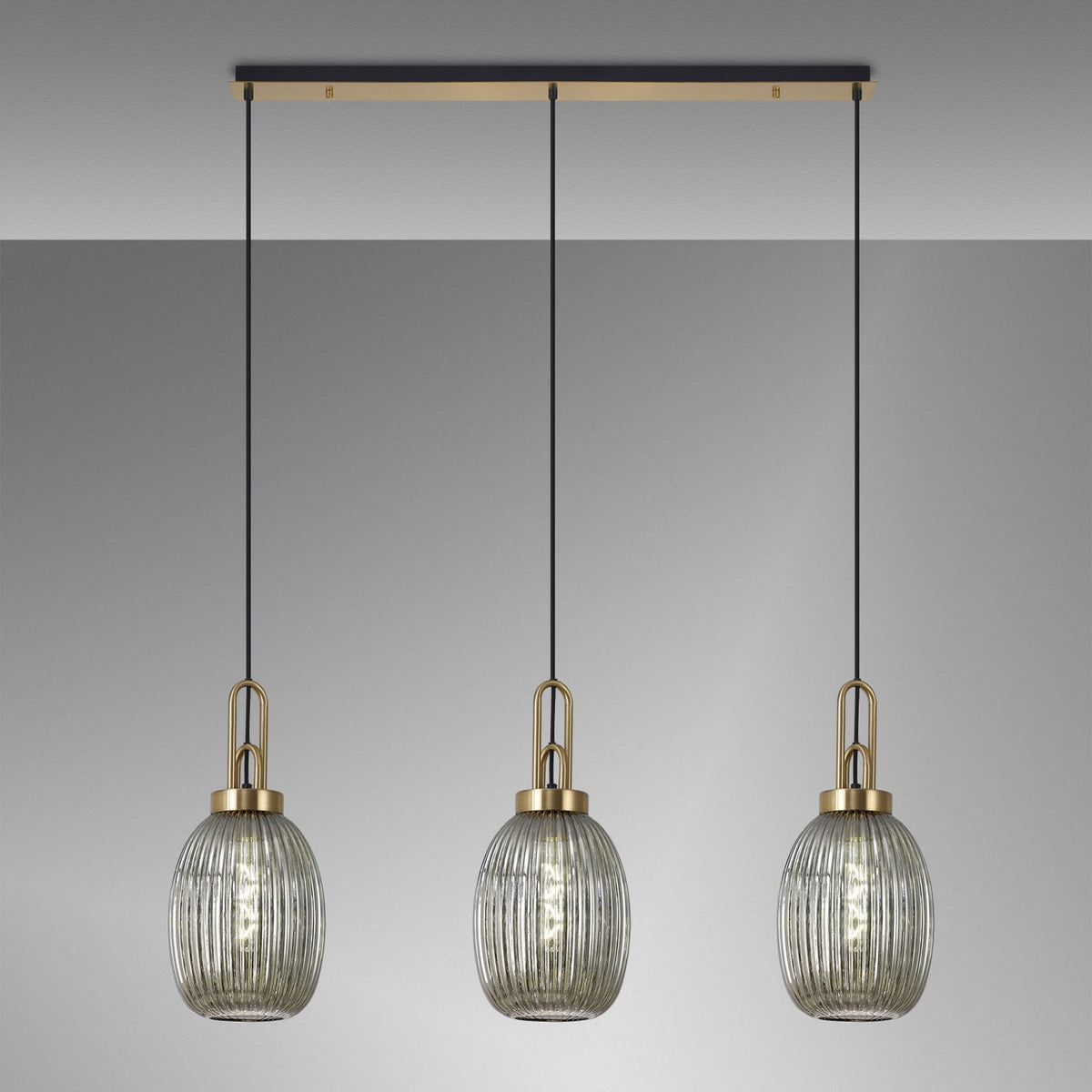 Atherington Almond 3 Drop Linear Pendant in Brass Gold & Smoked Ribbed Shade