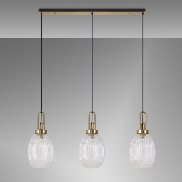 Atherington Almond 3 Drop Linear Pendant in Brass Gold & Clear Ribbed Shade