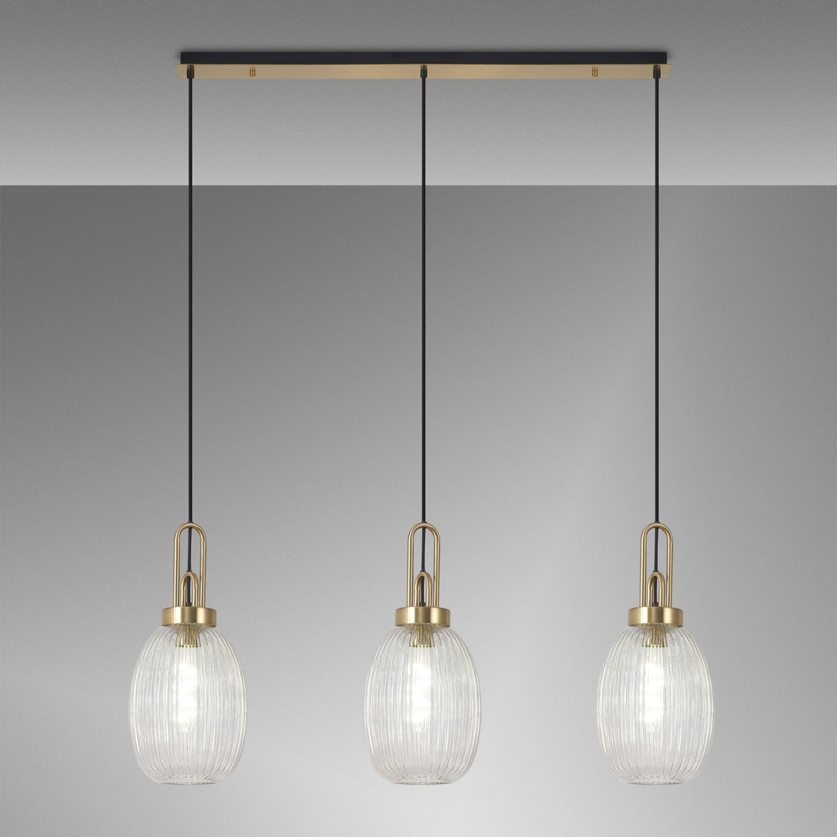 Atherington Almond 3 Drop Linear Pendant in Brass Gold & Clear Ribbed Shade
