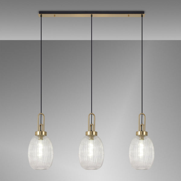 Atherington Almond 3 Drop Linear Pendant in Brass Gold & Clear Ribbed Shade
