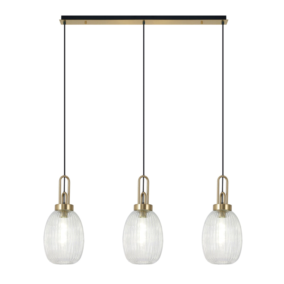 Atherington Almond 3 Drop Linear Pendant in Brass Gold & Clear Ribbed Shade