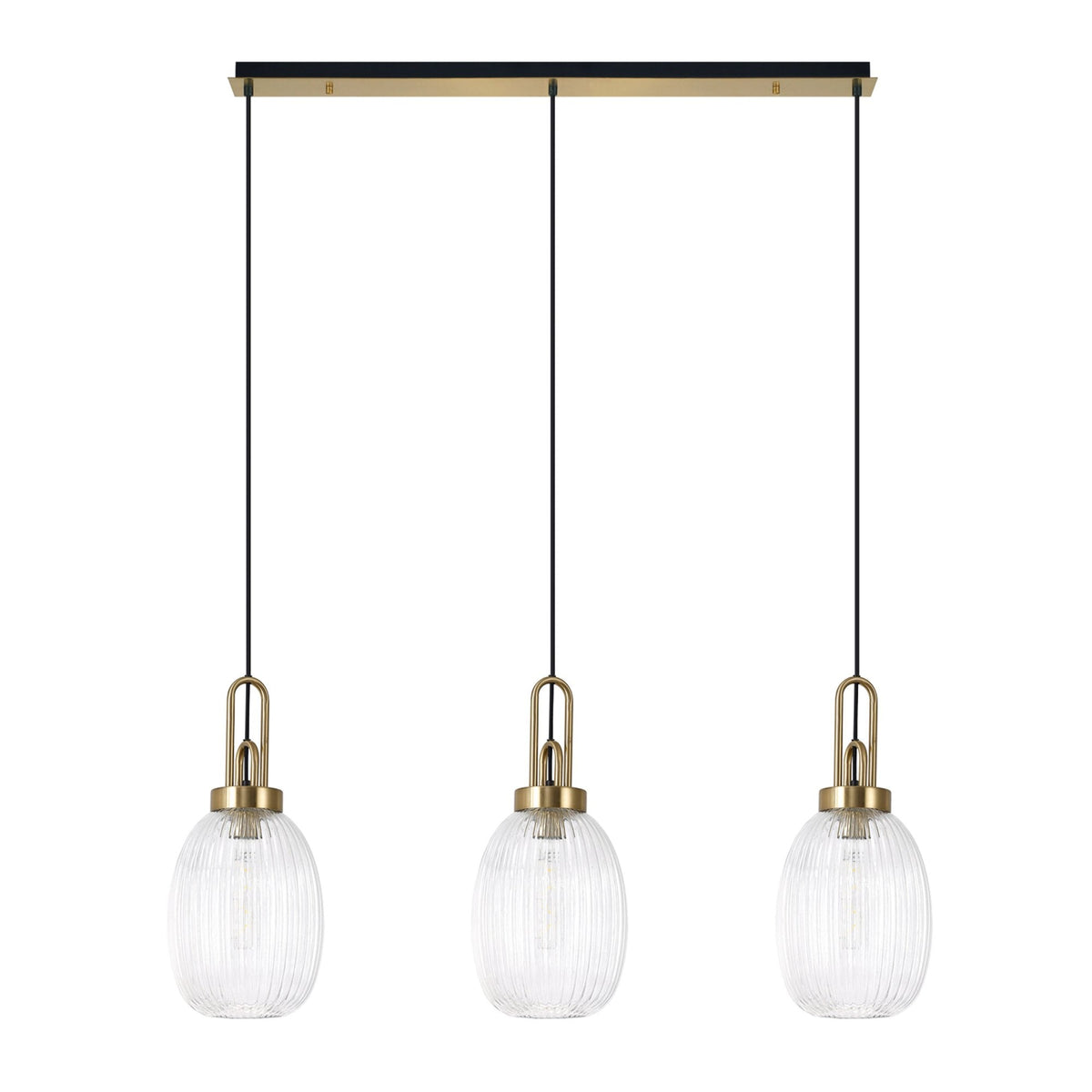 Atherington Almond 3 Drop Linear Pendant in Brass Gold & Clear Ribbed Shade