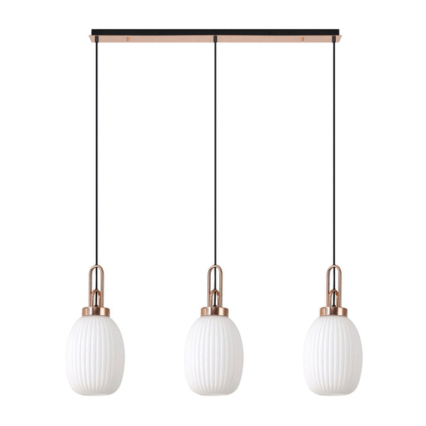 Atherington Almond 3 Drop Linear Pendant in Copper & Opal Ribbed Shade