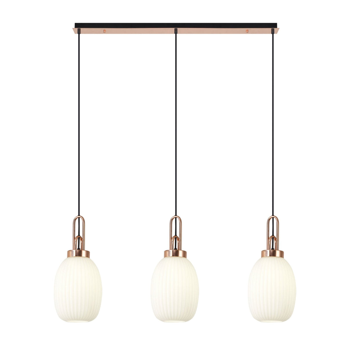 Atherington Almond 3 Drop Linear Pendant in Copper & Opal Ribbed Shade