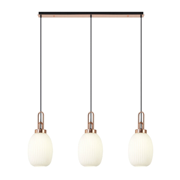 Atherington Almond 3 Drop Linear Pendant in Copper & Opal Ribbed Shade