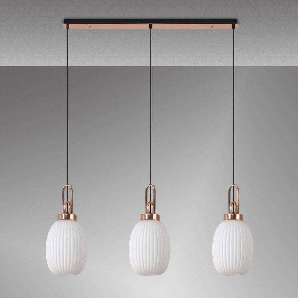 Atherington Almond 3 Drop Linear Pendant in Copper & Opal Ribbed Shade