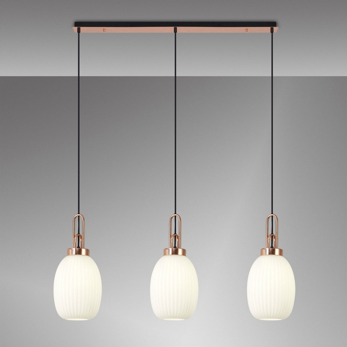 Atherington Almond 3 Drop Linear Pendant in Copper & Opal Ribbed Shade