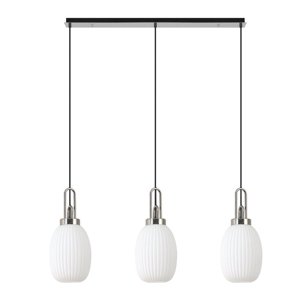 Atherington Almond 3 Drop Linear Pendant in Polished Nickel & Opal Ribbed Shade