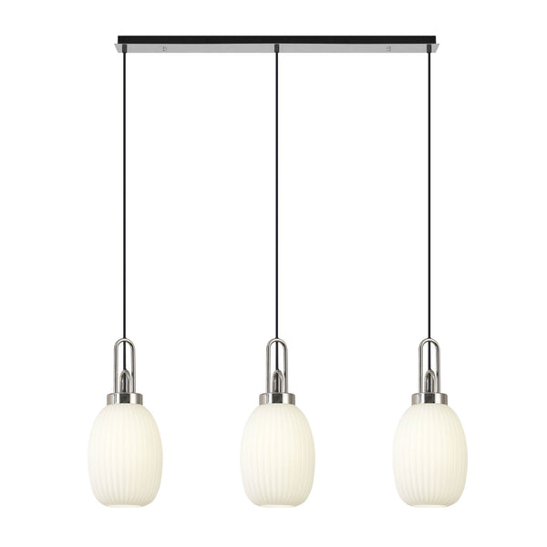 Atherington Almond 3 Drop Linear Pendant in Polished Nickel & Opal Ribbed Shade