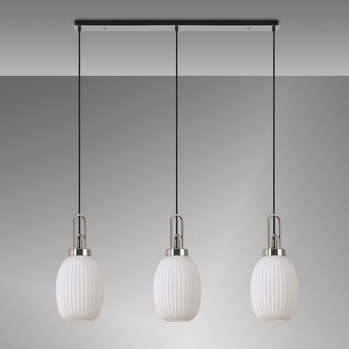 Atherington Almond 3 Drop Linear Pendant in Polished Nickel & Opal Ribbed Shade