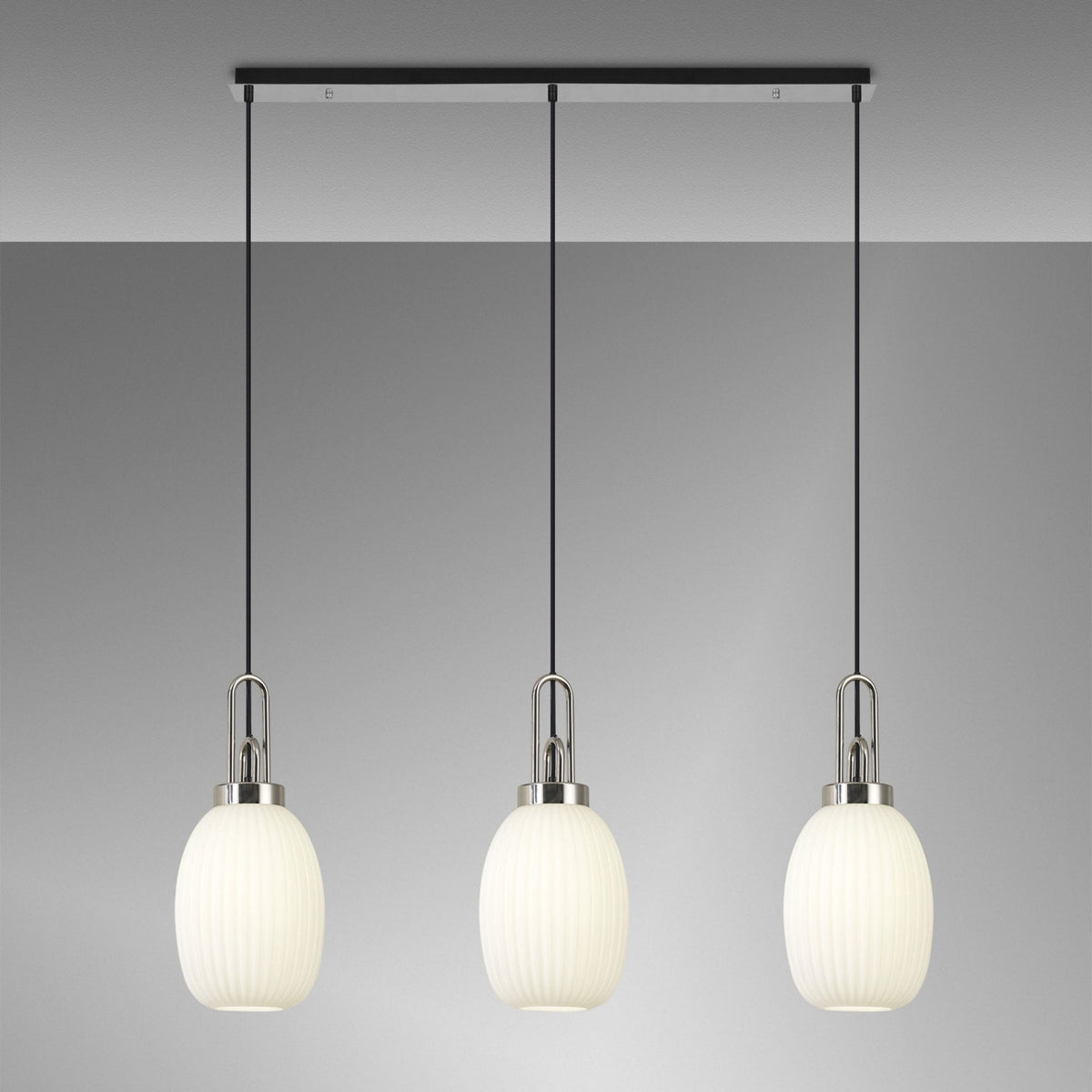 Atherington Almond 3 Drop Linear Pendant in Polished Nickel & Opal Ribbed Shade