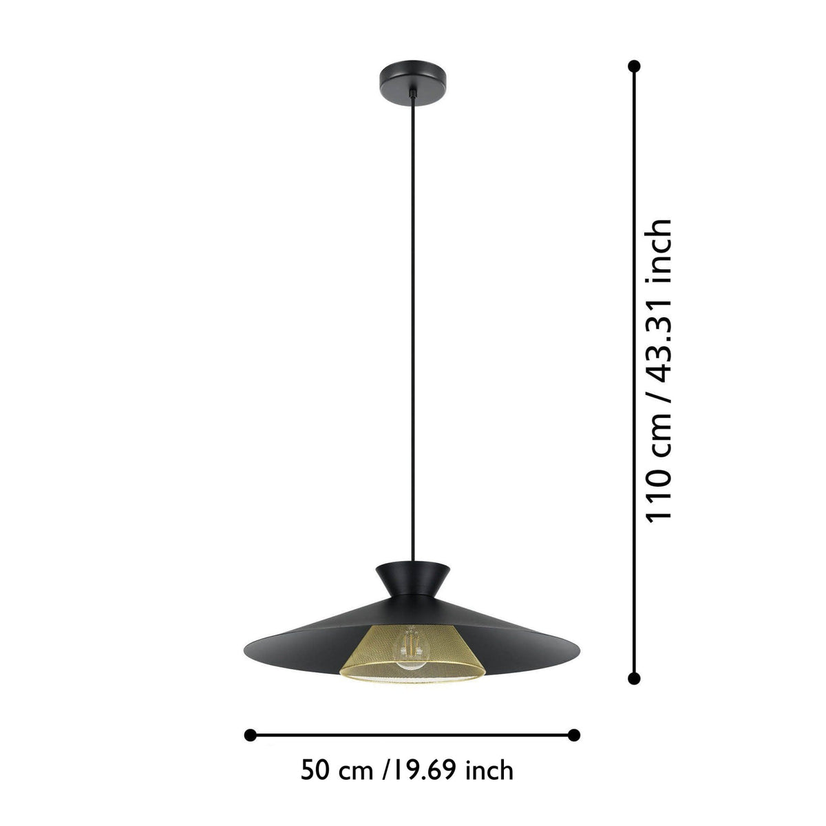 Grizedale Single Drop Pendant with Black Metal Lampshade with an Inner Brass Element