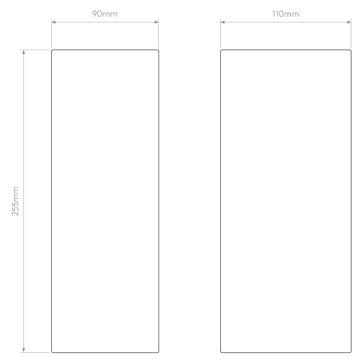 Two rectangular shapes with dimensions. Left: 90mm width, 255mm height. Right: 110mm width, 255mm height
