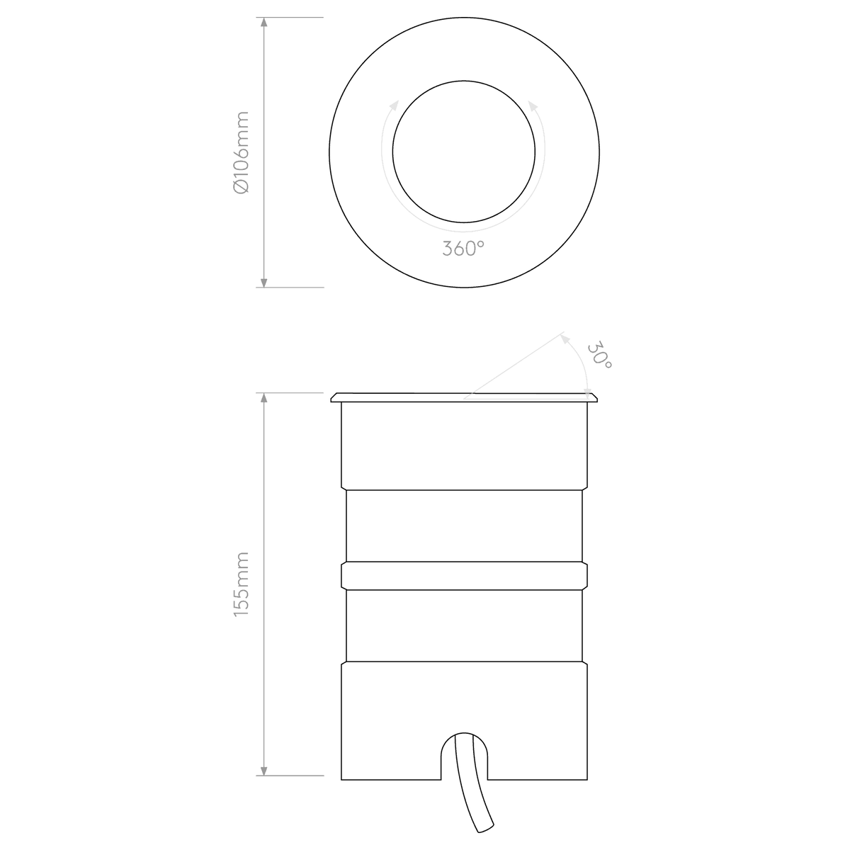 Diagram of a cylindrical light fixture with dimensions 106mm diameter, 155mm height, 360 degree rotation, and 30 degree tilt