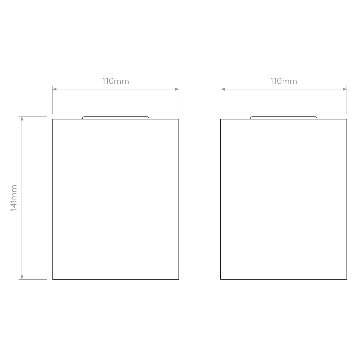 Technical drawing of two rectangular objects with dimensions 110mm width and 141mm height