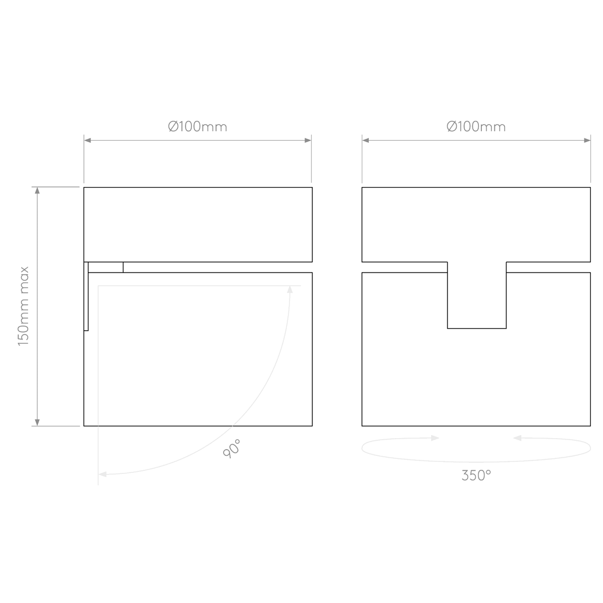 Technical drawing showing the dimensions and rotation angles of the product