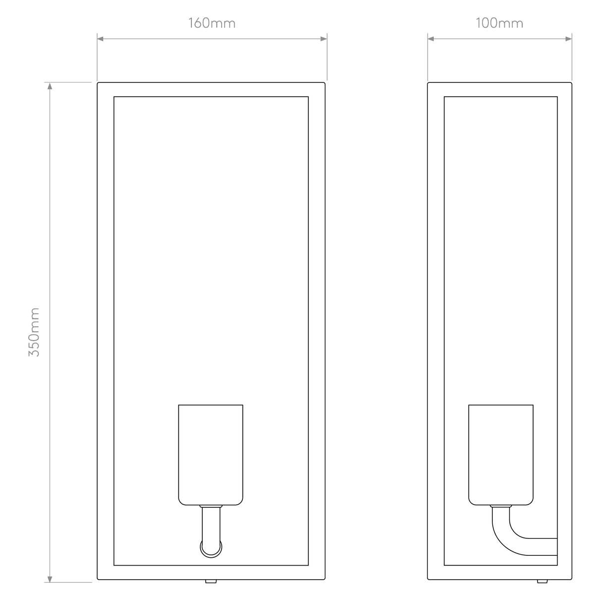 Line drawing of a rectangular wall light with dimensions 350mm H x 160mm W x 100mm D