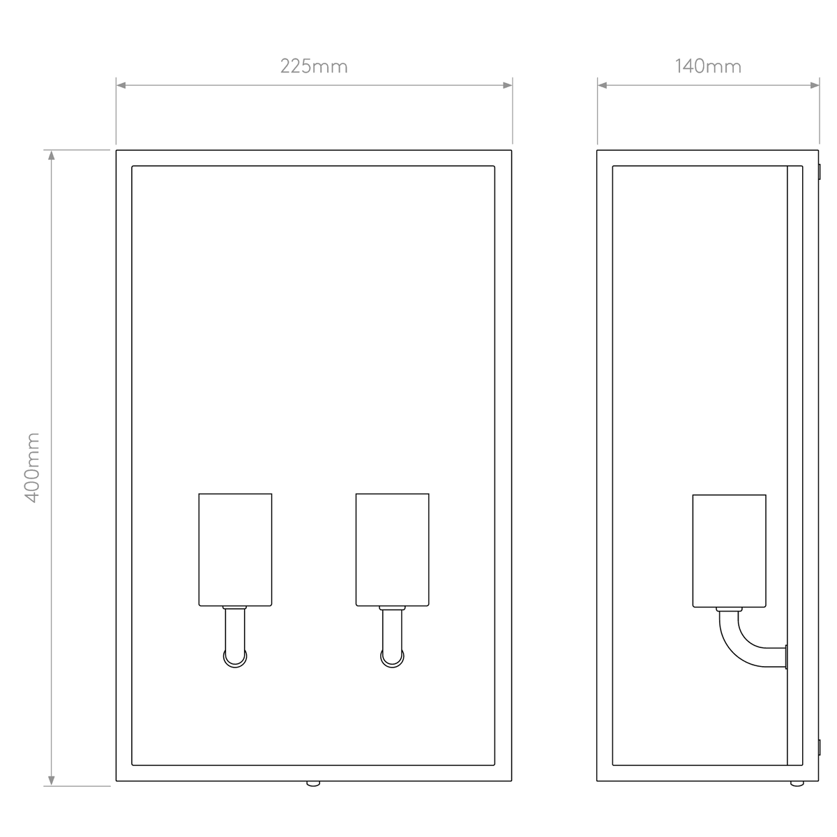 Line drawing of a rectangular wall light with two bulbs, showing front and side views with dimensions