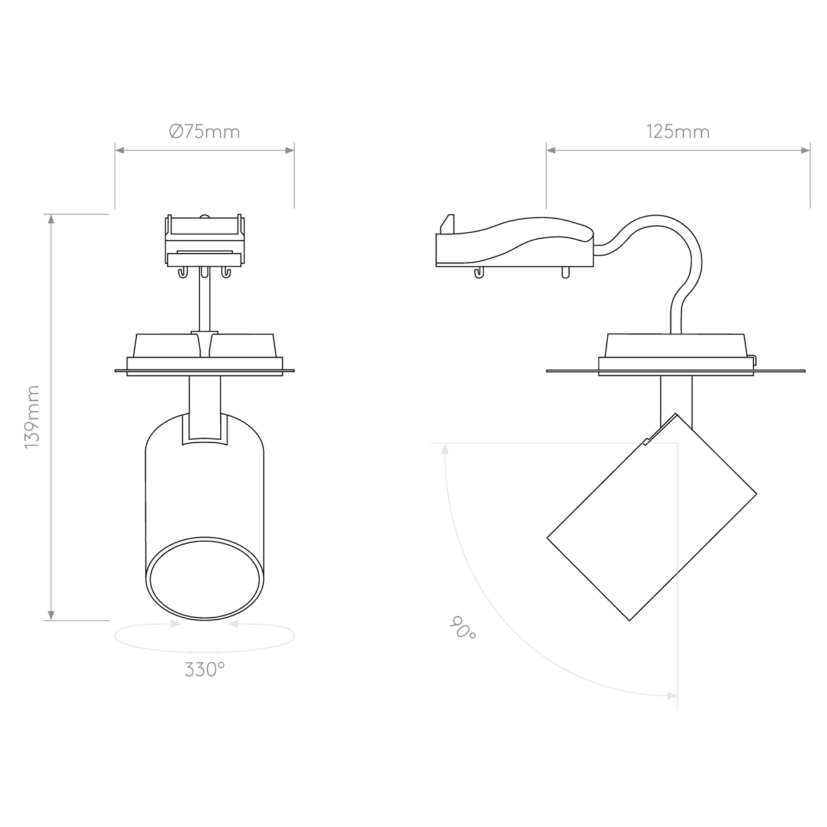 Technical drawing of a light fixture with dimensions 139mm height, 75mm diameter, and 125mm length