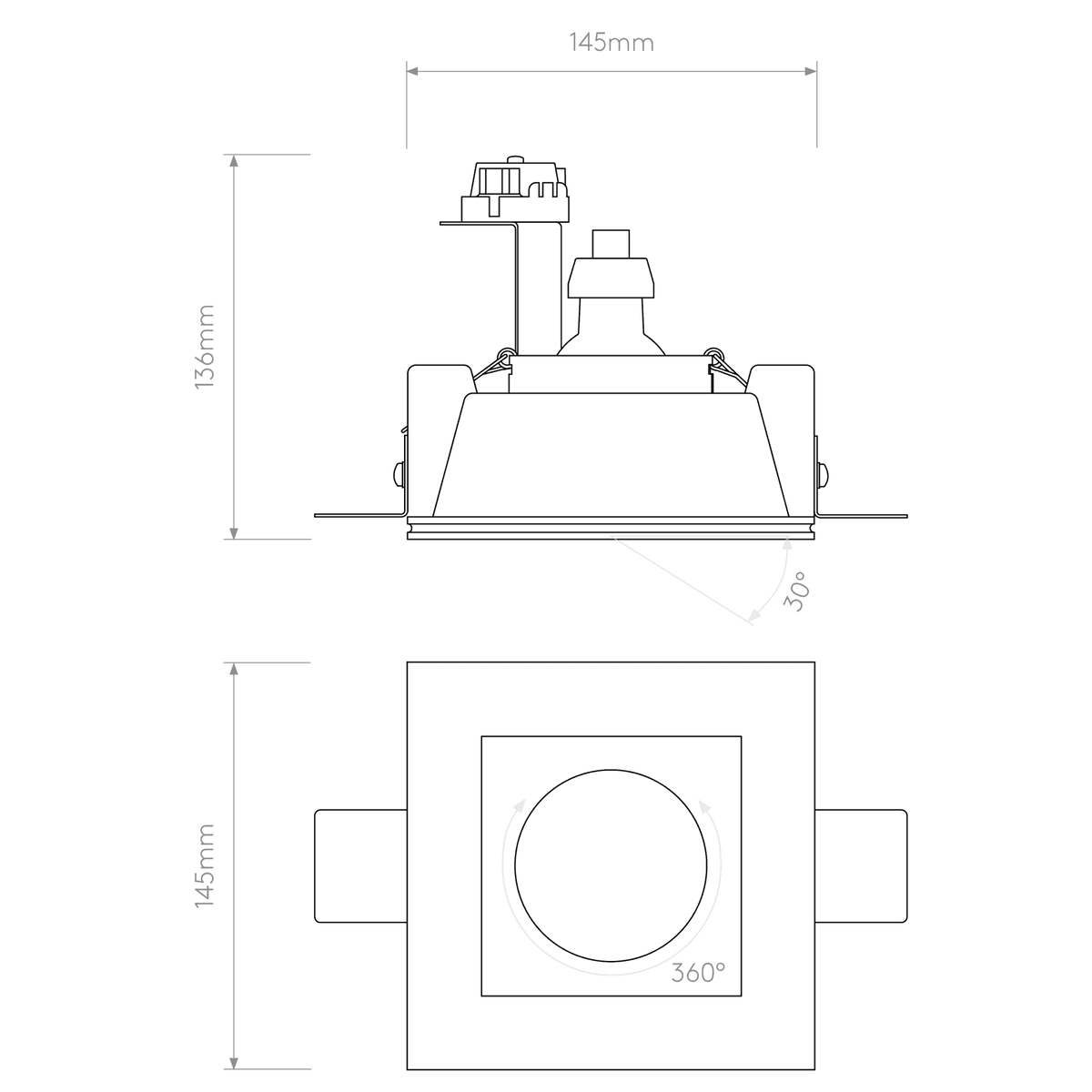 Technical drawing of a recessed light fixture with dimensions 145mm x 136mm, 30 degree tilt, 360 degree rotation