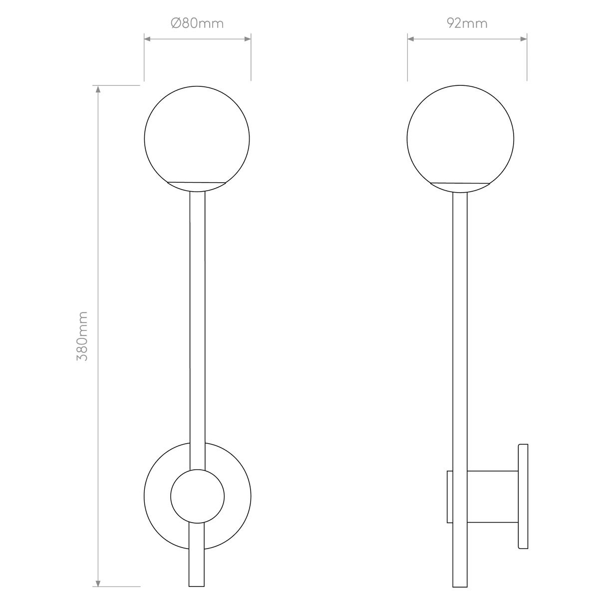 Technical drawing of a wall light with dimensions 380mm height, 80mm diameter, and 92mm depth