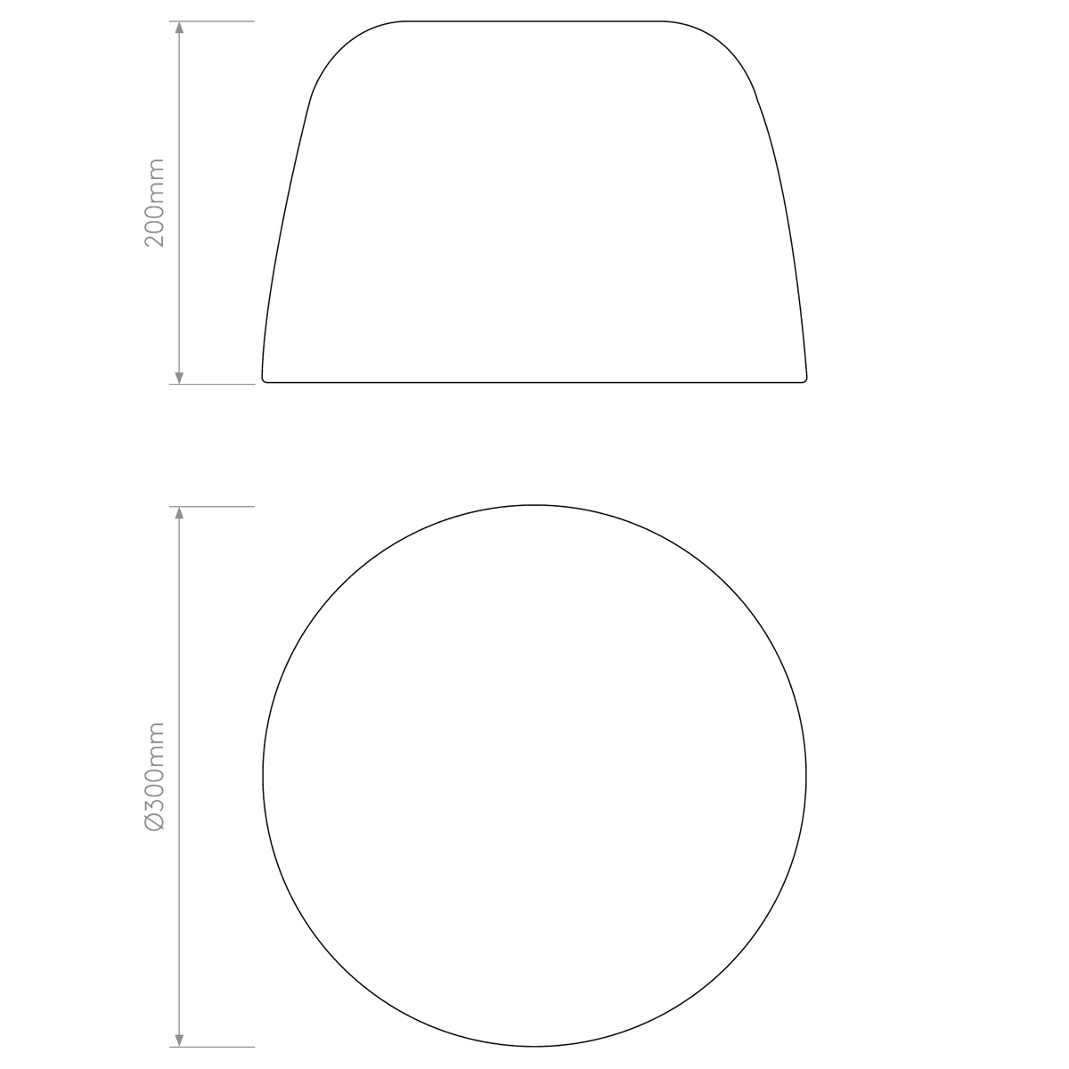 Technical drawing of a lampshade with a height of 200mm and a diameter of 300mm