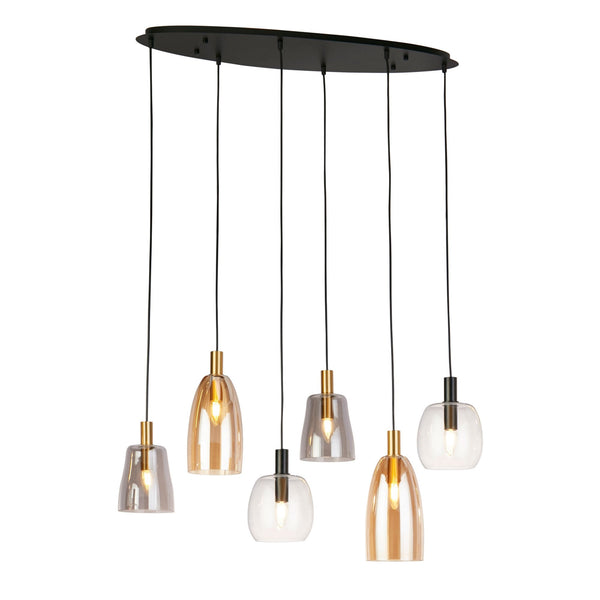 Divine 6 Light Multi Drop Pendant In Matt Black & Brass With Glass Shades