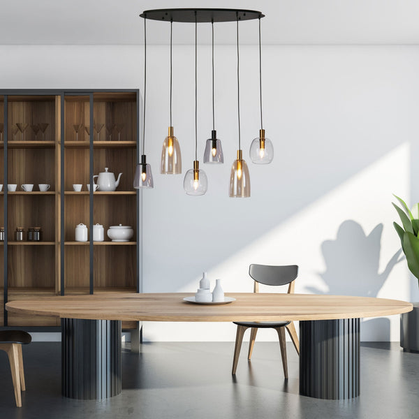 Divine 6 Light Multi Drop Pendant In Matt Black & Brass With Glass Shades