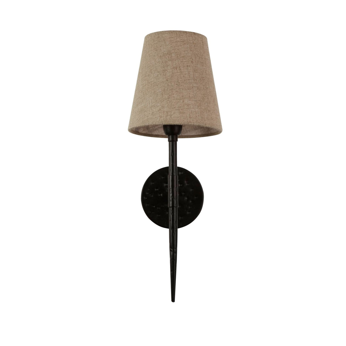 Gothic Hammered Black Metal Wall Light With Natural Linen Shade