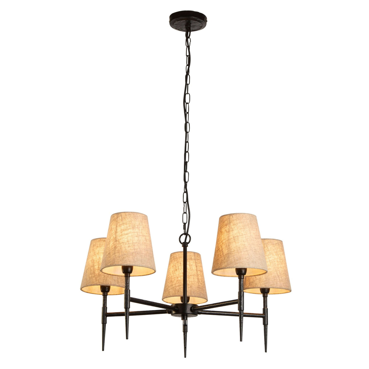 Gothic 5 Light Hammered Black Metal Pendant With Natural Linen Shade