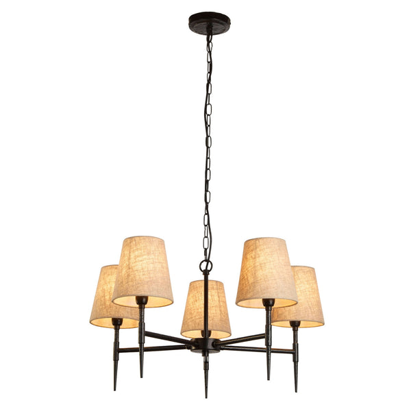 Gothic 5 Light Hammered Black Metal Pendant With Natural Linen Shade