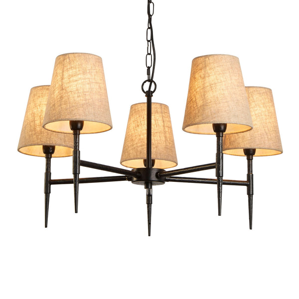 Gothic 5 Light Hammered Black Metal Pendant With Natural Linen Shade