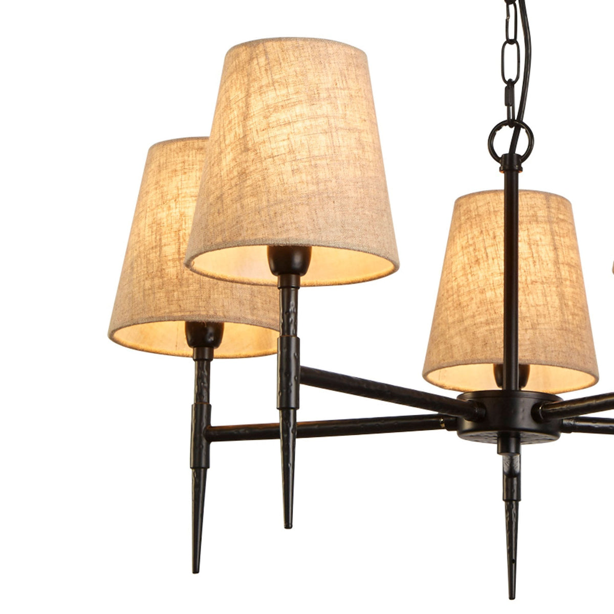 Gothic 5 Light Hammered Black Metal Pendant With Natural Linen Shade