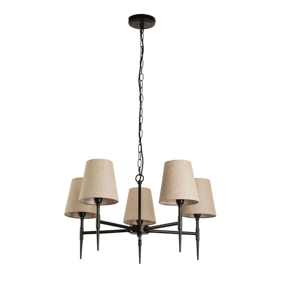 Gothic 5 Light Hammered Black Metal Pendant With Natural Linen Shade