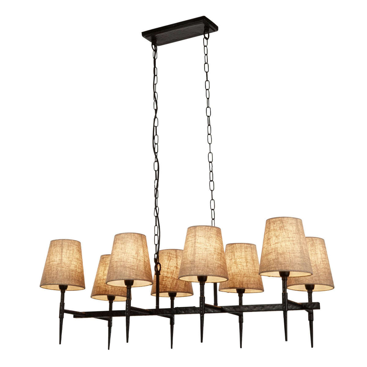 Gothic 8 Light Hammered Black Metal Pendant With Natural Linen Shade