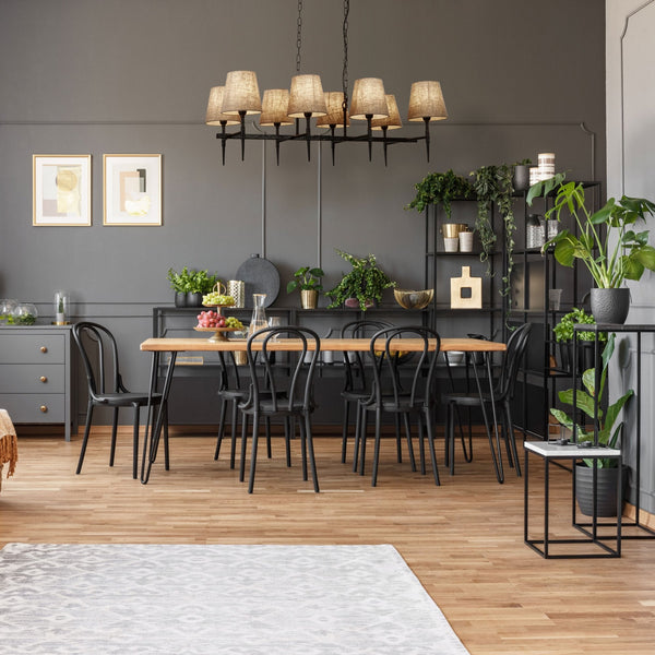 Gothic 8 Light Hammered Black Metal Pendant With Natural Linen Shade